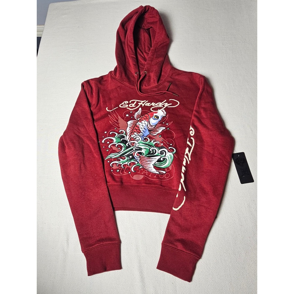 Ed Hardy Womens Koi Fish Tattoo Cropped Hoodie Wine Red Size M NWT